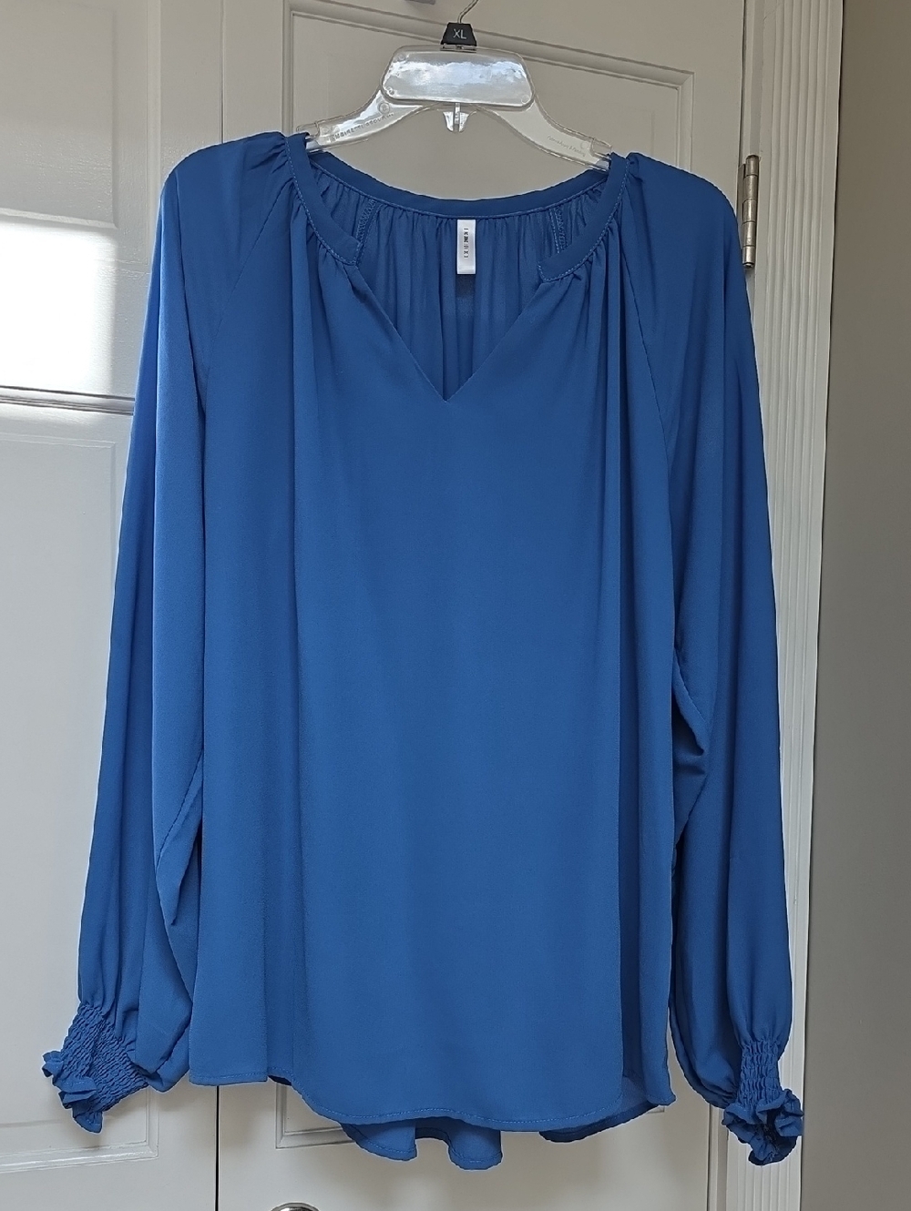Classic Blue V-Neck Long-Sleeve Blouse - Women's